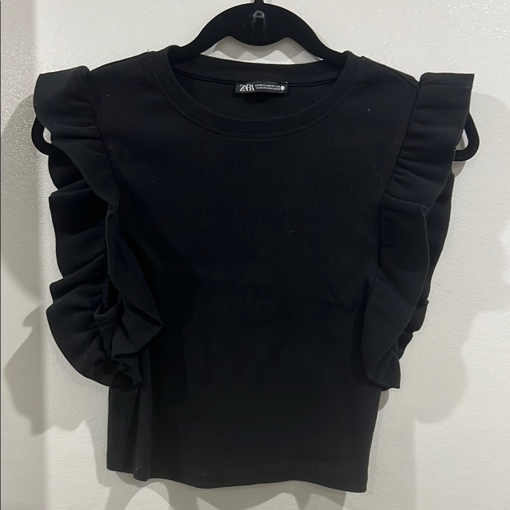 Zara Black Ruffle Sleeve Top cropped